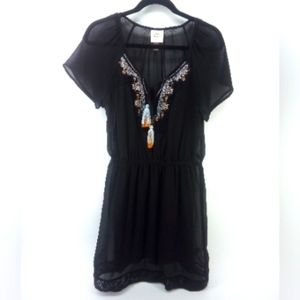 Knox Rose Embroidered Black Sheer Lined Tassle Detail Dress M
